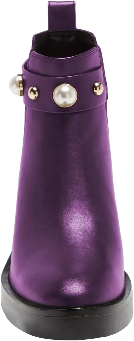 FSJ Women Round Toe Chelsea Boots with Pearls Strap Block Low Heel Slip On Vegan Leather Ankle Booties Size 4-16 US