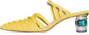 FSJ Women Strappy Crystal Mid Heel Sandals Pointed Toe Slip On Mule Pumps Cutout Chic Shoes