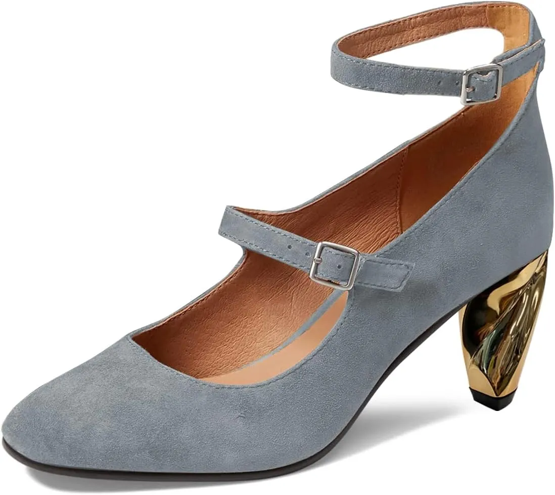 FSJ Women Versatile Closed Toe Suede Dress Pumps with Buckled Ankle Strap Unique Block Mid Heel Elegant Shoes Size 4-15 US