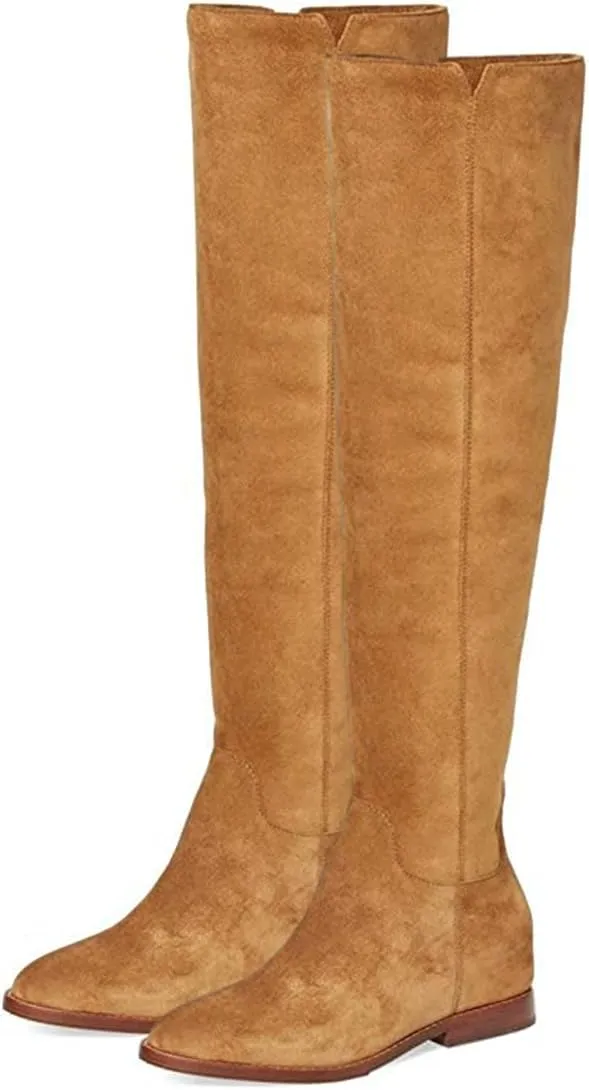 FYS Women's Fashion Round Toe Flat Low Heel Knee High Boots V-cut Side Zipper Long Boots Fall Winter Dress Shoes Size 4-16 US