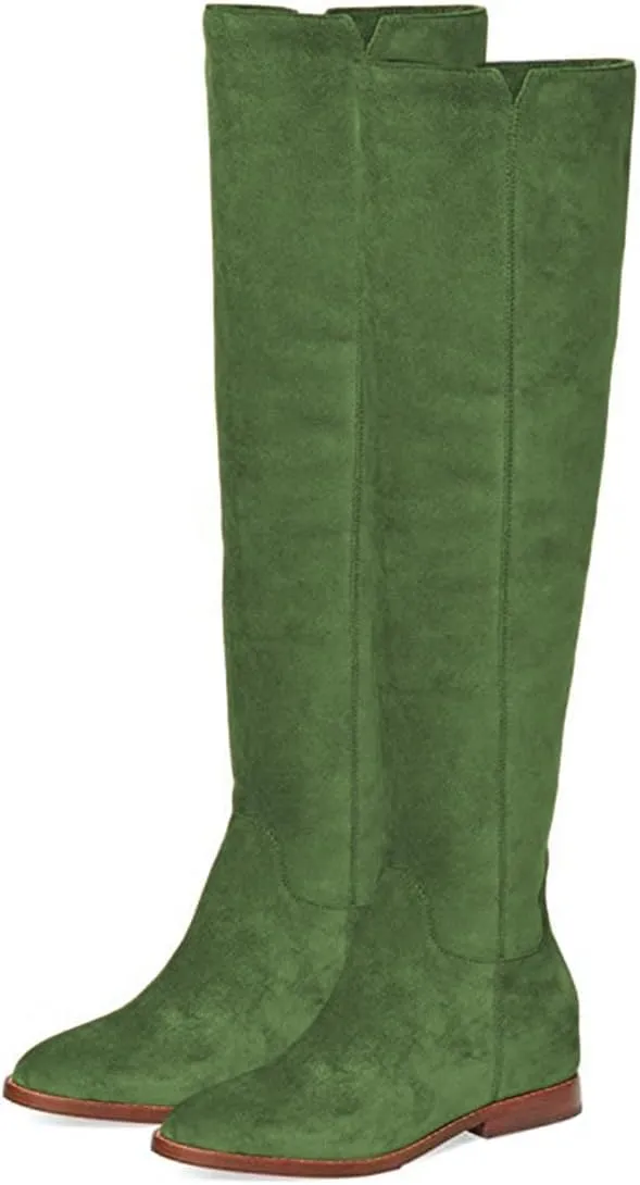 FYS Women's Fashion Round Toe Flat Low Heel Knee High Boots V-cut Side Zipper Long Boots Fall Winter Dress Shoes Size 4-16 US