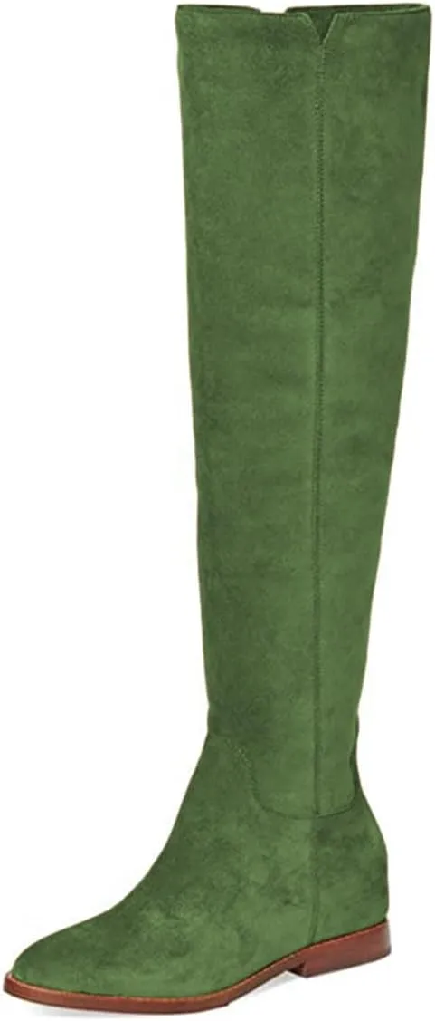 FYS Women's Fashion Round Toe Flat Low Heel Knee High Boots V-cut Side Zipper Long Boots Fall Winter Dress Shoes Size 4-16 US