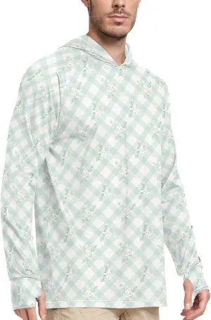 Gingham Mens Sun Protection Hoodie Long Sleeve Fishing Shirt UPF 50  Sailing Rash Guard Hooded Rashguard for Men