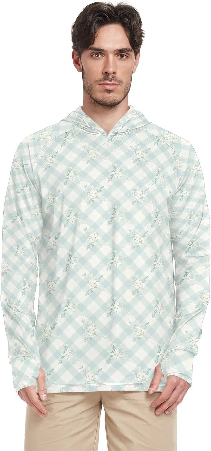 Gingham Mens Sun Protection Hoodie Long Sleeve Fishing Shirt UPF 50  Sailing Rash Guard Hooded Rashguard for Men