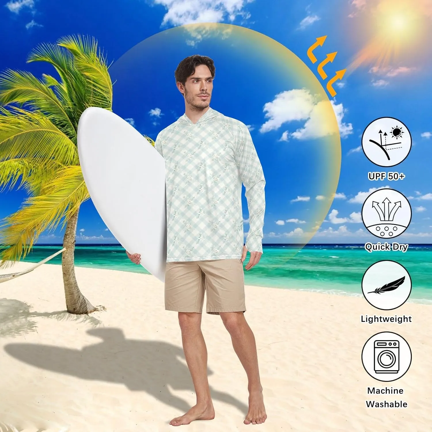 Gingham Mens Sun Protection Hoodie Long Sleeve Fishing Shirt UPF 50  Sailing Rash Guard Hooded Rashguard for Men