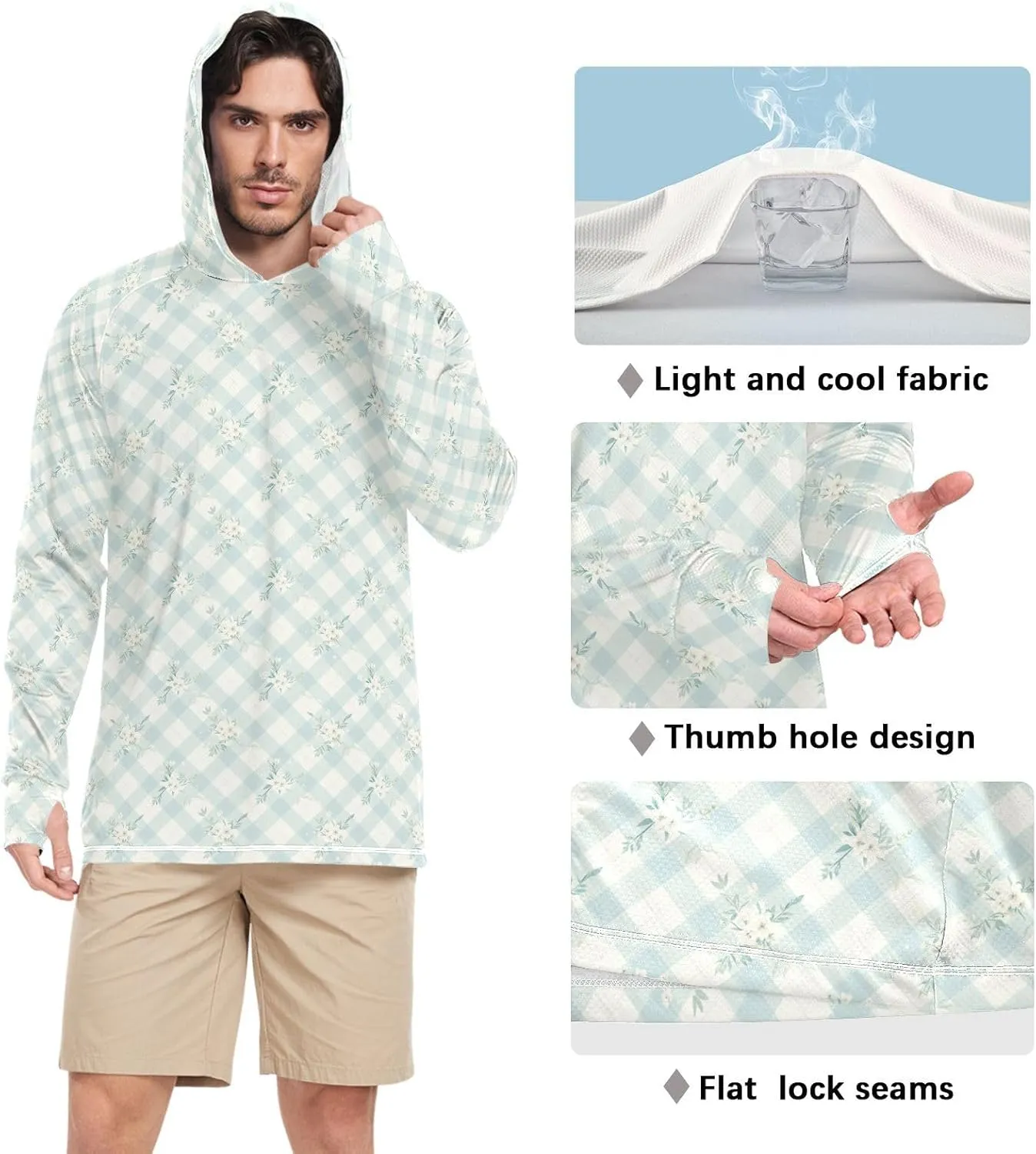 Gingham Mens Sun Protection Hoodie Long Sleeve Fishing Shirt UPF 50  Sailing Rash Guard Hooded Rashguard for Men