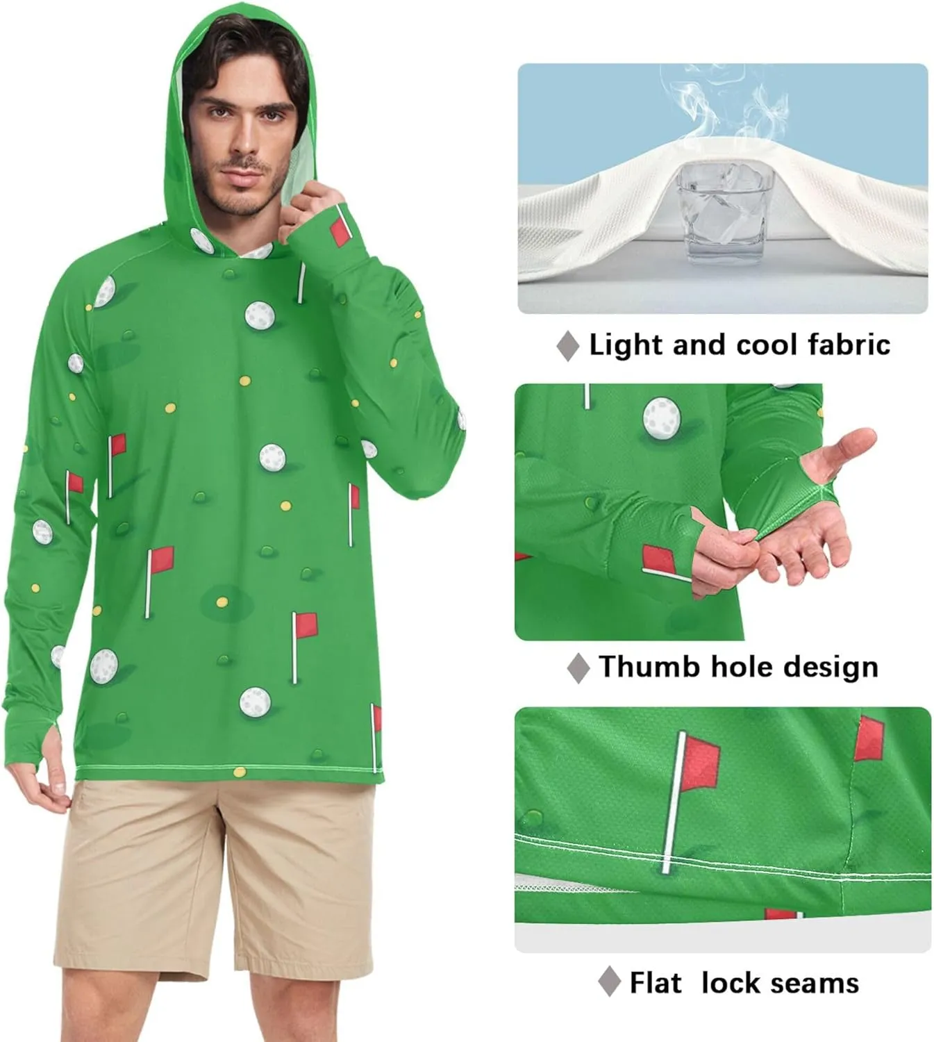 Golf Green Cute Mens Sun Protection Hoodies Long Sleeve Adult Rash Guards Rash Guard UPF 50  S