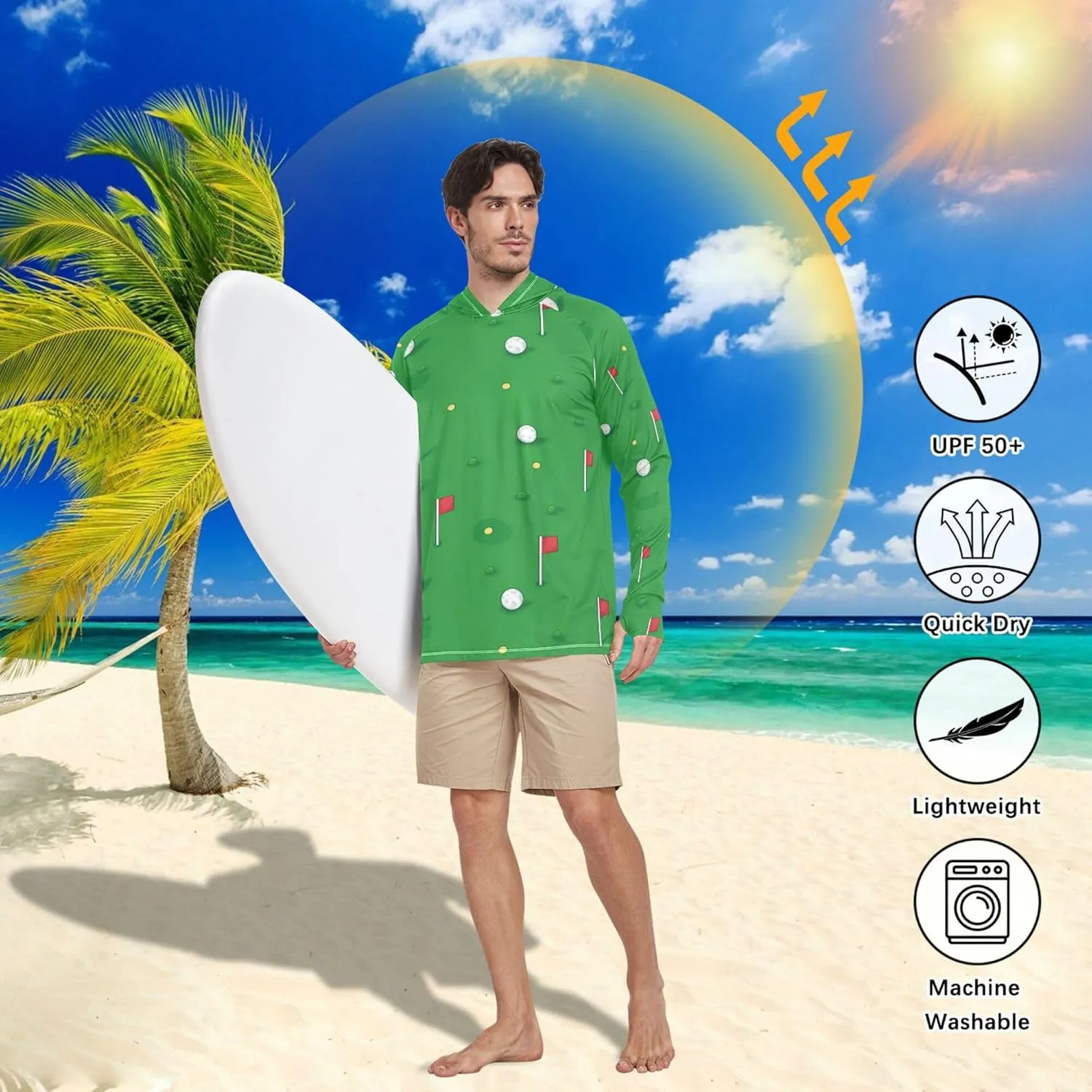 Golf Green Cute Mens Sun Protection Hoodies Long Sleeve Adult Rash Guards Rash Guard UPF 50  S