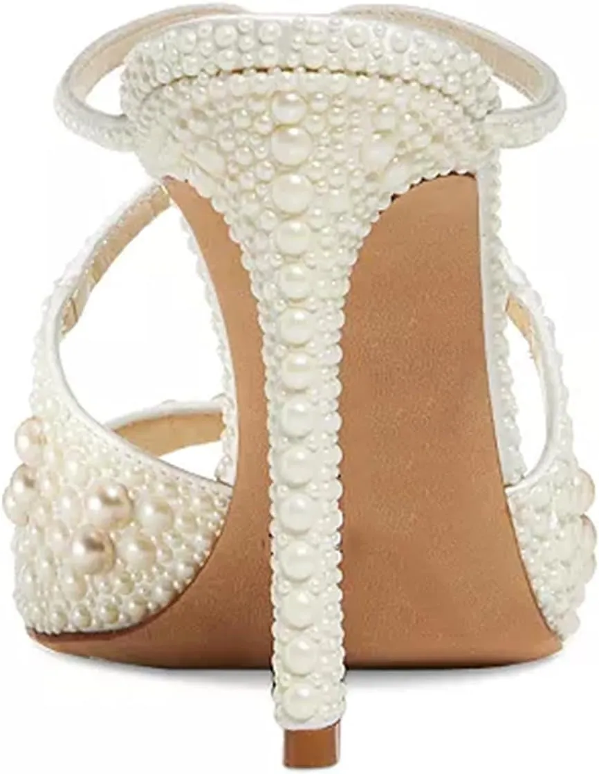 Goolita Pearl Mule Heels For Women, Strappy Stiletto Heel Slip On Square Toe Heeled Sandals Backless Party Wedding Shoes For Bride