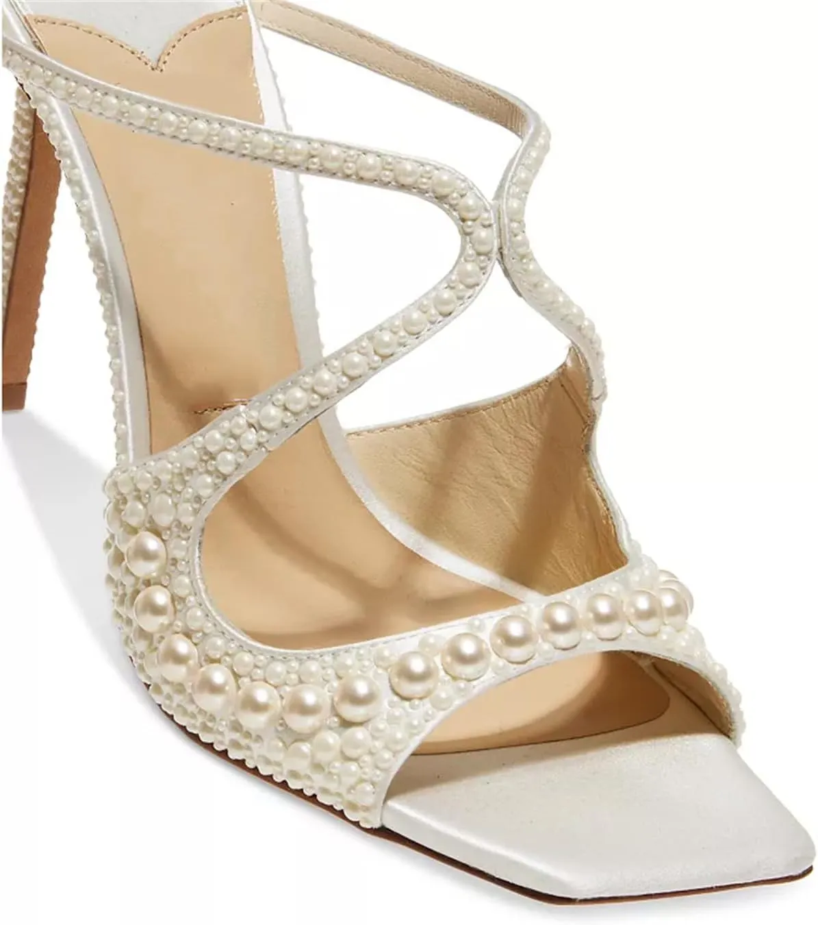 Goolita Pearl Mule Heels For Women, Strappy Stiletto Heel Slip On Square Toe Heeled Sandals Backless Party Wedding Shoes For Bride