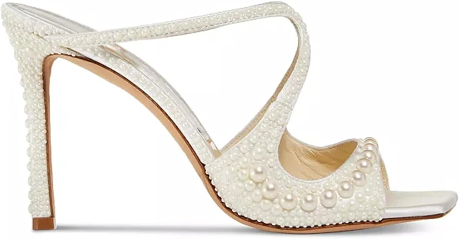 Goolita Pearl Mule Heels For Women, Strappy Stiletto Heel Slip On Square Toe Heeled Sandals Backless Party Wedding Shoes For Bride