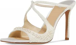 Goolita Pearl Mule Heels For Women, Strappy Stiletto Heel Slip On Square Toe Heeled Sandals Backless Party Wedding Shoes For Bride