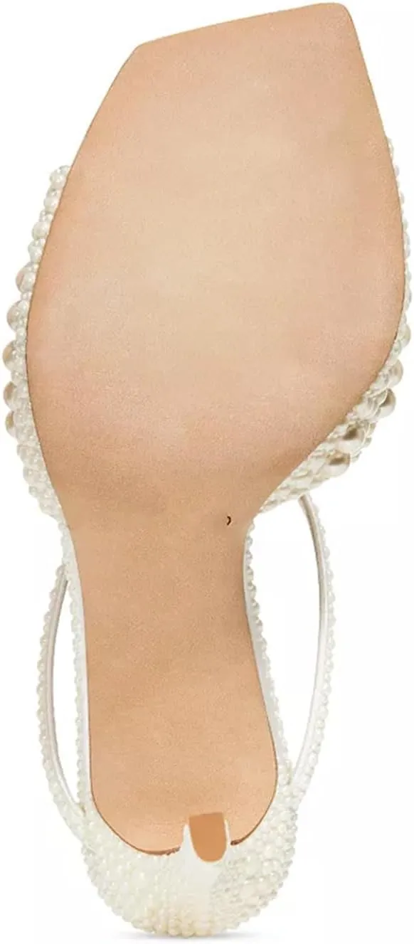 Goolita Pearl Mule Heels For Women, Strappy Stiletto Heel Slip On Square Toe Heeled Sandals Backless Party Wedding Shoes For Bride