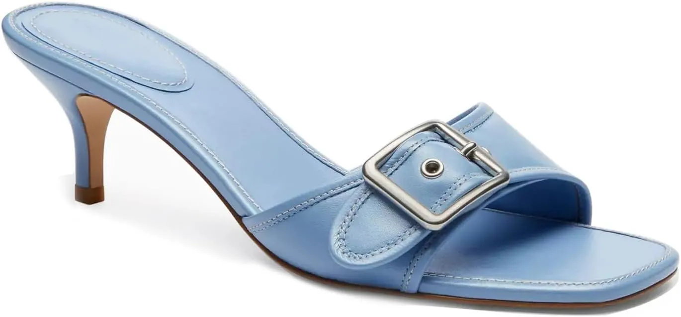 Goolita Women's Buckle Kitten Heels Open Square Toe Slip on Slide Heeled Sandals Comfort Office Dressy Mules Heels