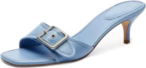 Goolita Women's Buckle Kitten Heels Open Square Toe Slip on Slide Heeled Sandals Comfort Office Dressy Mules Heels