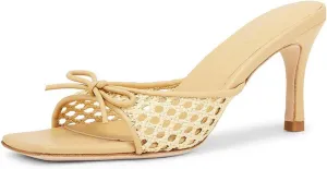 Goolita Woven Mule Heels For Women, Stiletto Heel Open Square Toe Heeled Sandals Bow Mesh Slip On Backless Sandals for Party
