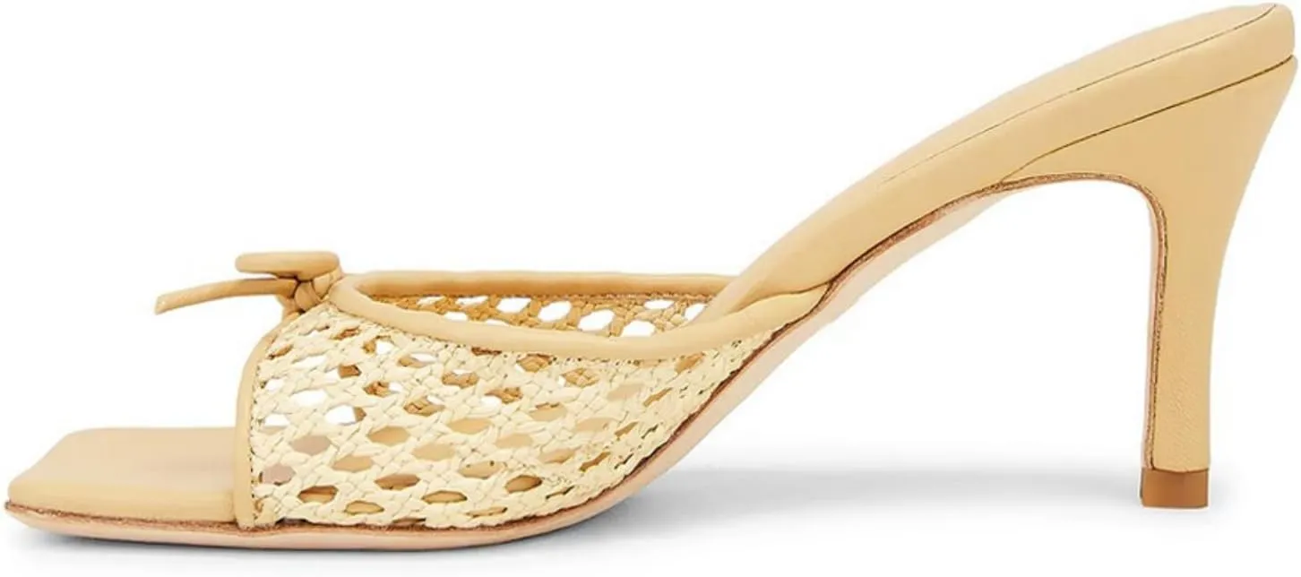 Goolita Woven Mule Heels For Women, Stiletto Heel Open Square Toe Heeled Sandals Bow Mesh Slip On Backless Sandals for Party