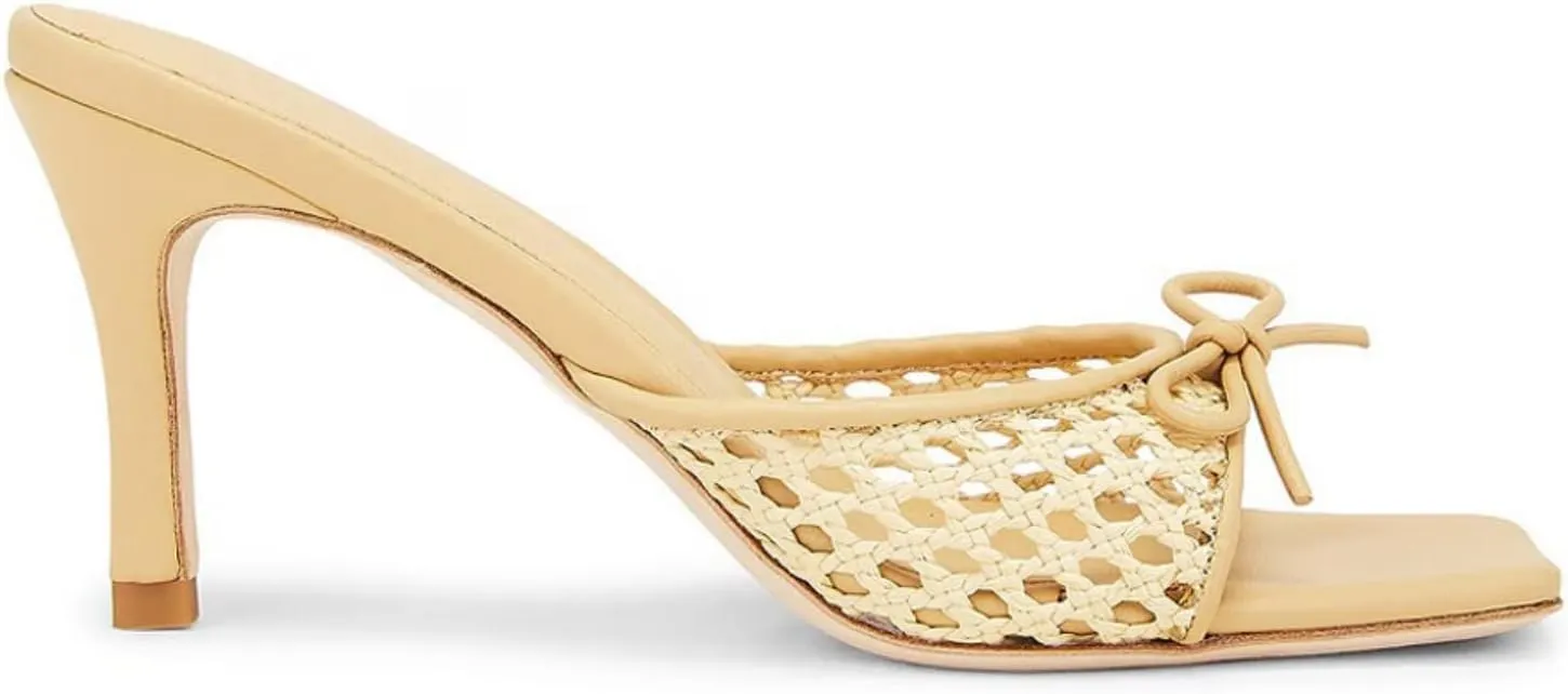 Goolita Woven Mule Heels For Women, Stiletto Heel Open Square Toe Heeled Sandals Bow Mesh Slip On Backless Sandals for Party