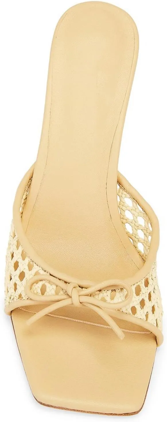 Goolita Woven Mule Heels For Women, Stiletto Heel Open Square Toe Heeled Sandals Bow Mesh Slip On Backless Sandals for Party