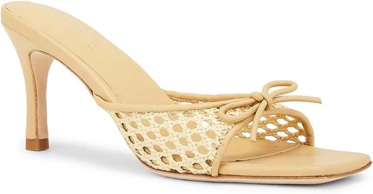 Goolita Woven Mule Heels For Women, Stiletto Heel Open Square Toe Heeled Sandals Bow Mesh Slip On Backless Sandals for Party