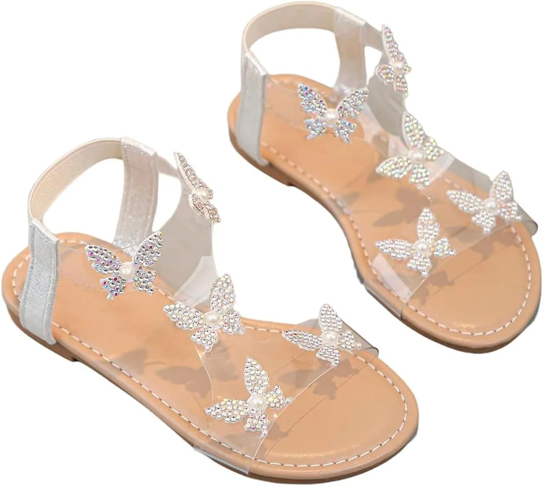 GORGLITTER Girl's Sandals Clear Butterfly Rhinestone Glitter Ankle Strap Flat Sandals Summer Beach Vacation Sandal