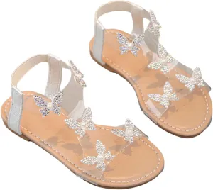 GORGLITTER Girl's Sandals Clear Butterfly Rhinestone Glitter Ankle Strap Flat Sandals Summer Beach Vacation Sandal