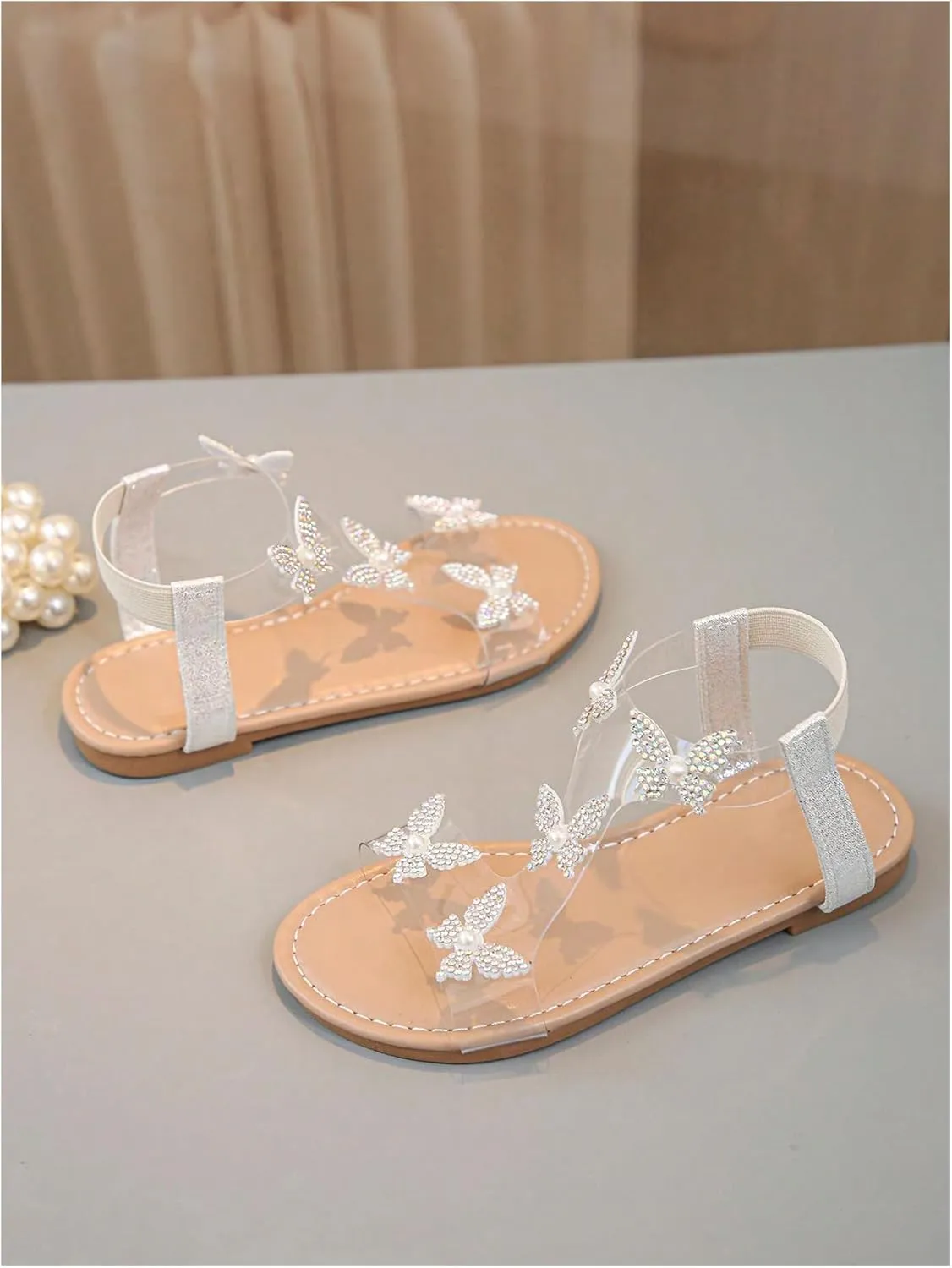 GORGLITTER Girl's Sandals Clear Butterfly Rhinestone Glitter Ankle Strap Flat Sandals Summer Beach Vacation Sandal