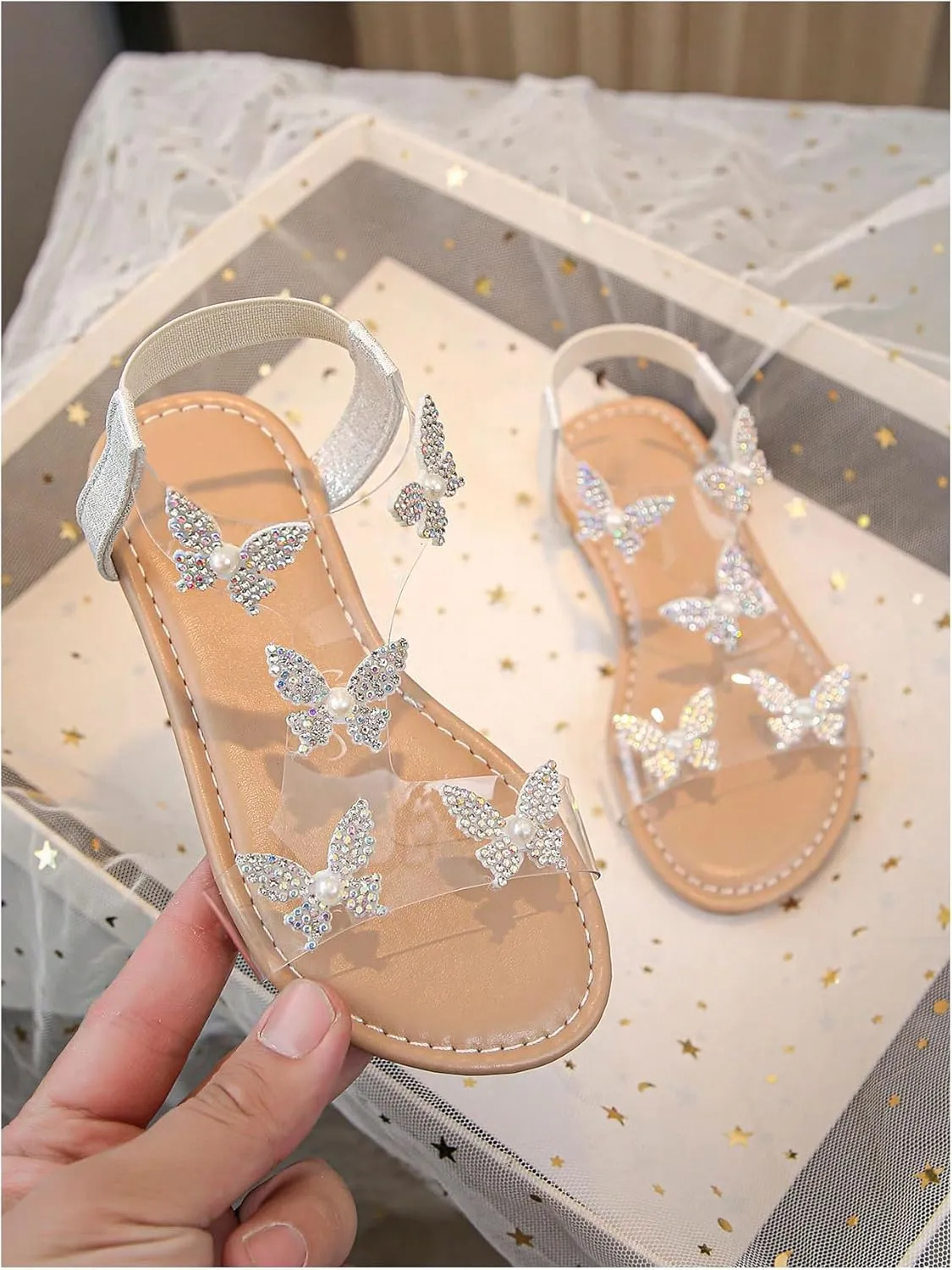 GORGLITTER Girl's Sandals Clear Butterfly Rhinestone Glitter Ankle Strap Flat Sandals Summer Beach Vacation Sandal