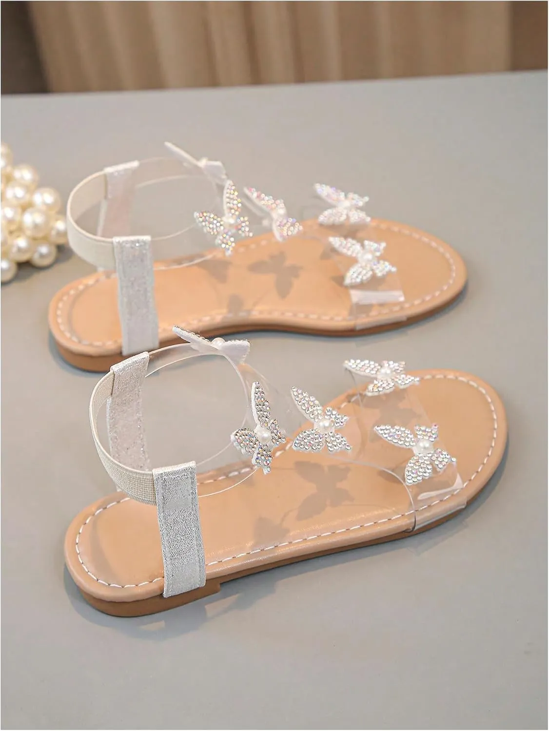 GORGLITTER Girl's Sandals Clear Butterfly Rhinestone Glitter Ankle Strap Flat Sandals Summer Beach Vacation Sandal