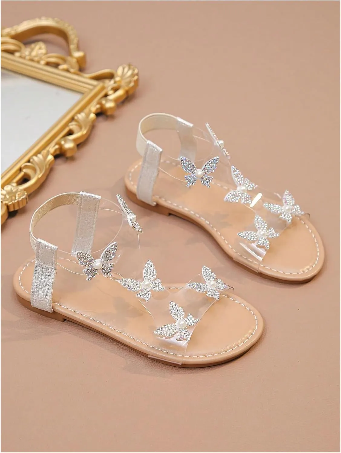 GORGLITTER Girl's Sandals Clear Butterfly Rhinestone Glitter Ankle Strap Flat Sandals Summer Beach Vacation Sandal