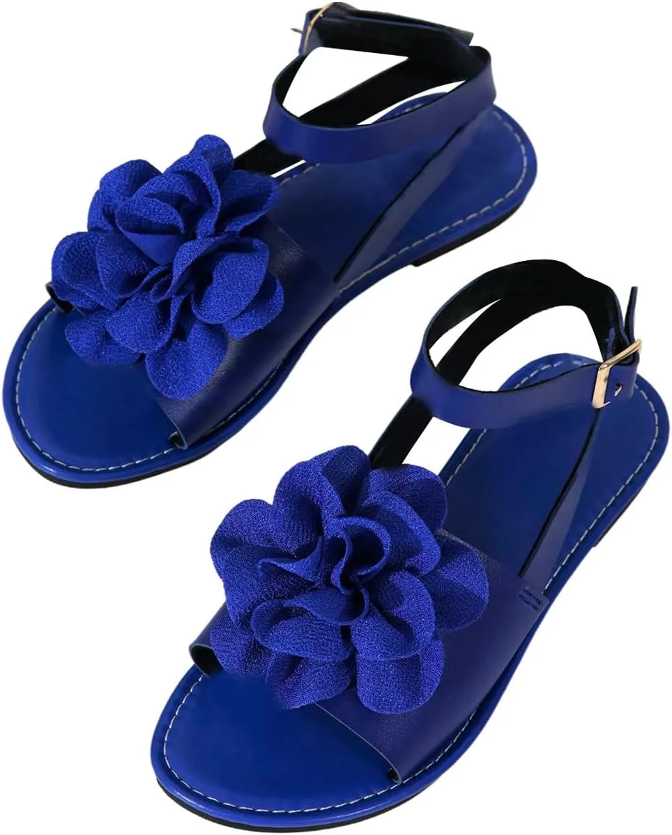 GORGLITTER Women's 3D Flower Sandals Ankle Strap Open Toe Dressy Flat Sandals