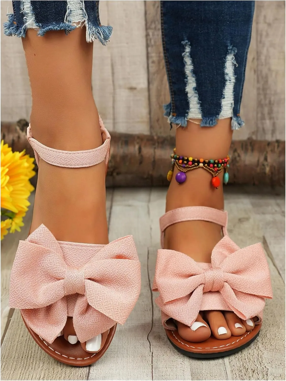 GORGLITTER Women's Bow Flat Sandals 2025 Dressy Open Toe Ankle Strap Summer Vacation Slides Shoes