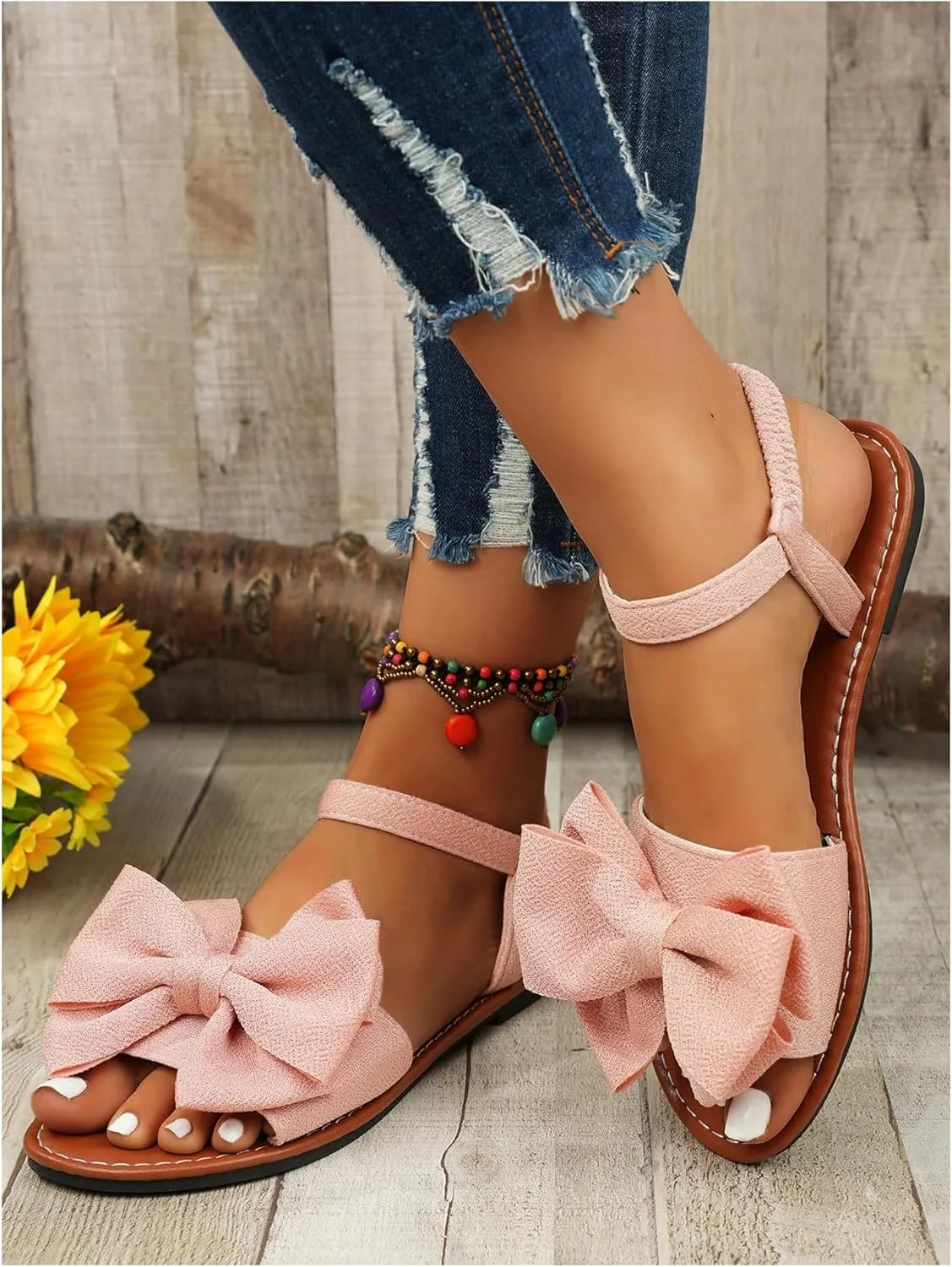 GORGLITTER Women's Bow Flat Sandals 2025 Dressy Open Toe Ankle Strap Summer Vacation Slides Shoes