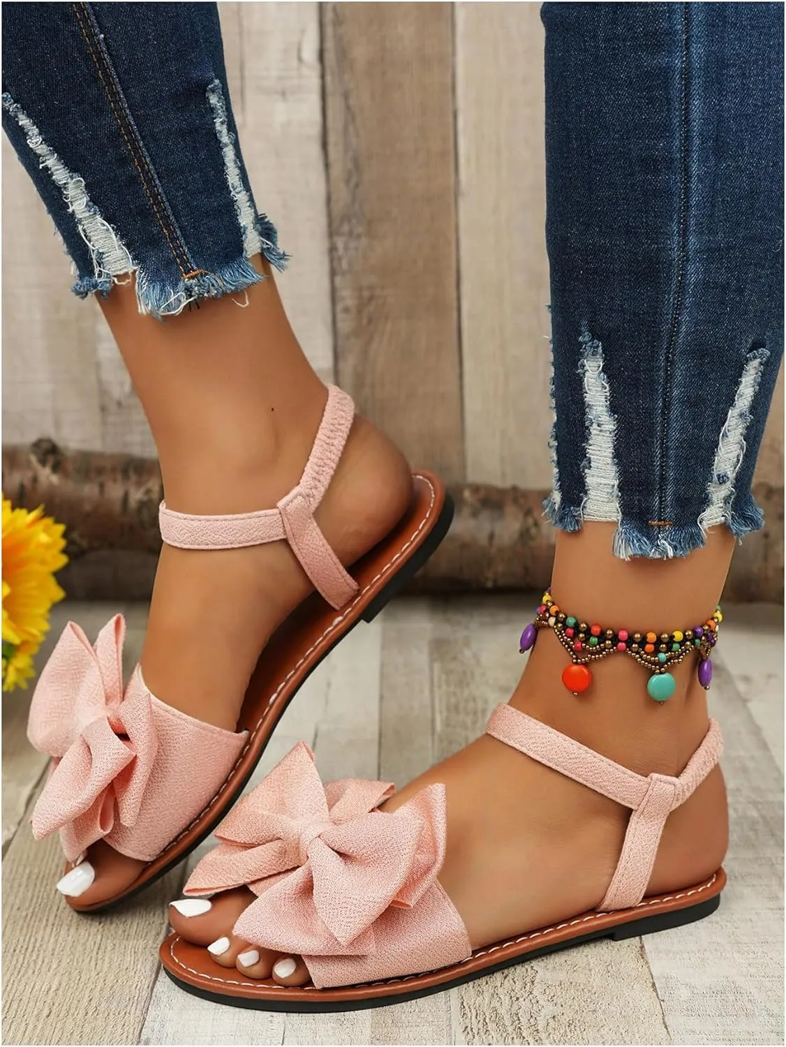 GORGLITTER Women's Bow Flat Sandals 2025 Dressy Open Toe Ankle Strap Summer Vacation Slides Shoes