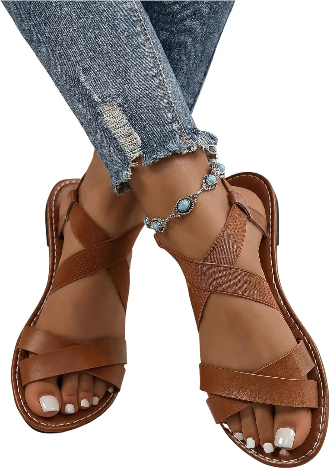 GORGLITTER Women's Criss Cross Gladiator Sandals Dressy Summer Cute Ankle Strap Open Toe Flat Sandals