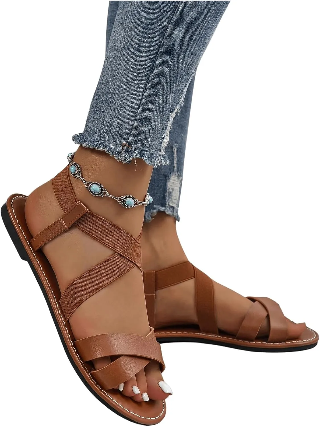 GORGLITTER Women's Criss Cross Gladiator Sandals Dressy Summer Cute Ankle Strap Open Toe Flat Sandals