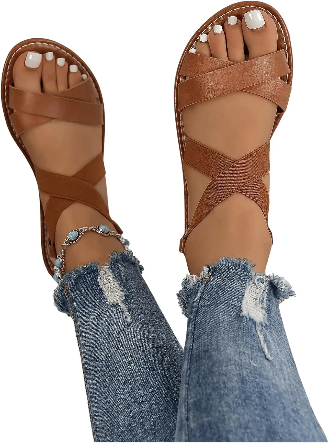 GORGLITTER Women's Criss Cross Gladiator Sandals Dressy Summer Cute Ankle Strap Open Toe Flat Sandals