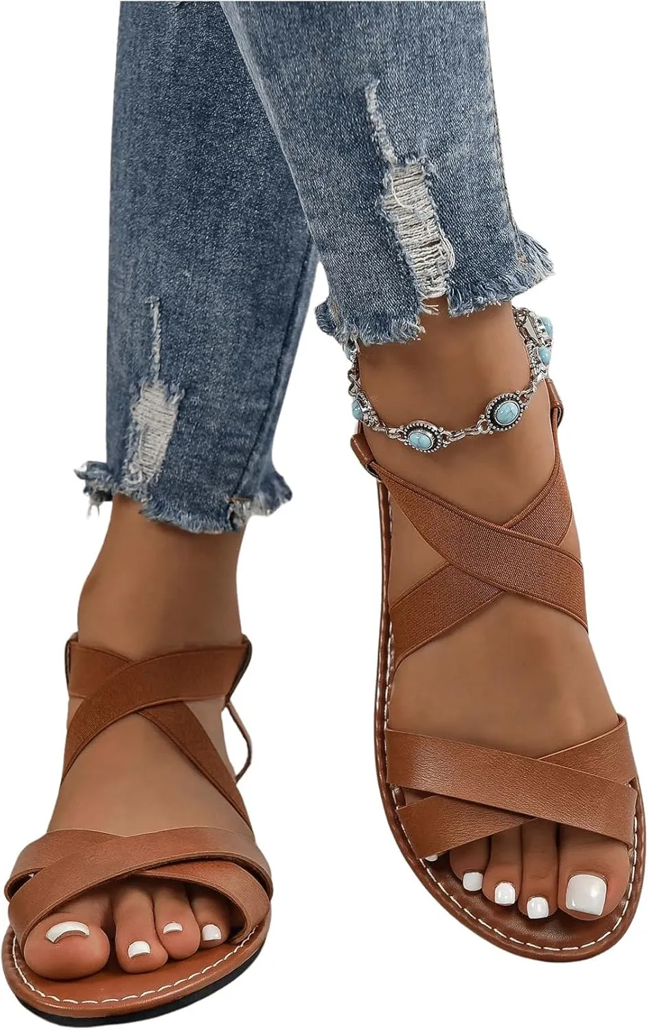 GORGLITTER Women's Criss Cross Gladiator Sandals Dressy Summer Cute Ankle Strap Open Toe Flat Sandals