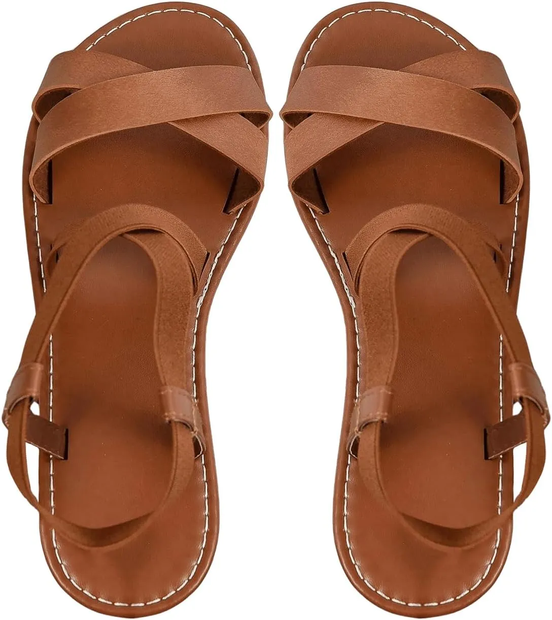 GORGLITTER Women's Criss Cross Gladiator Sandals Dressy Summer Cute Ankle Strap Open Toe Flat Sandals