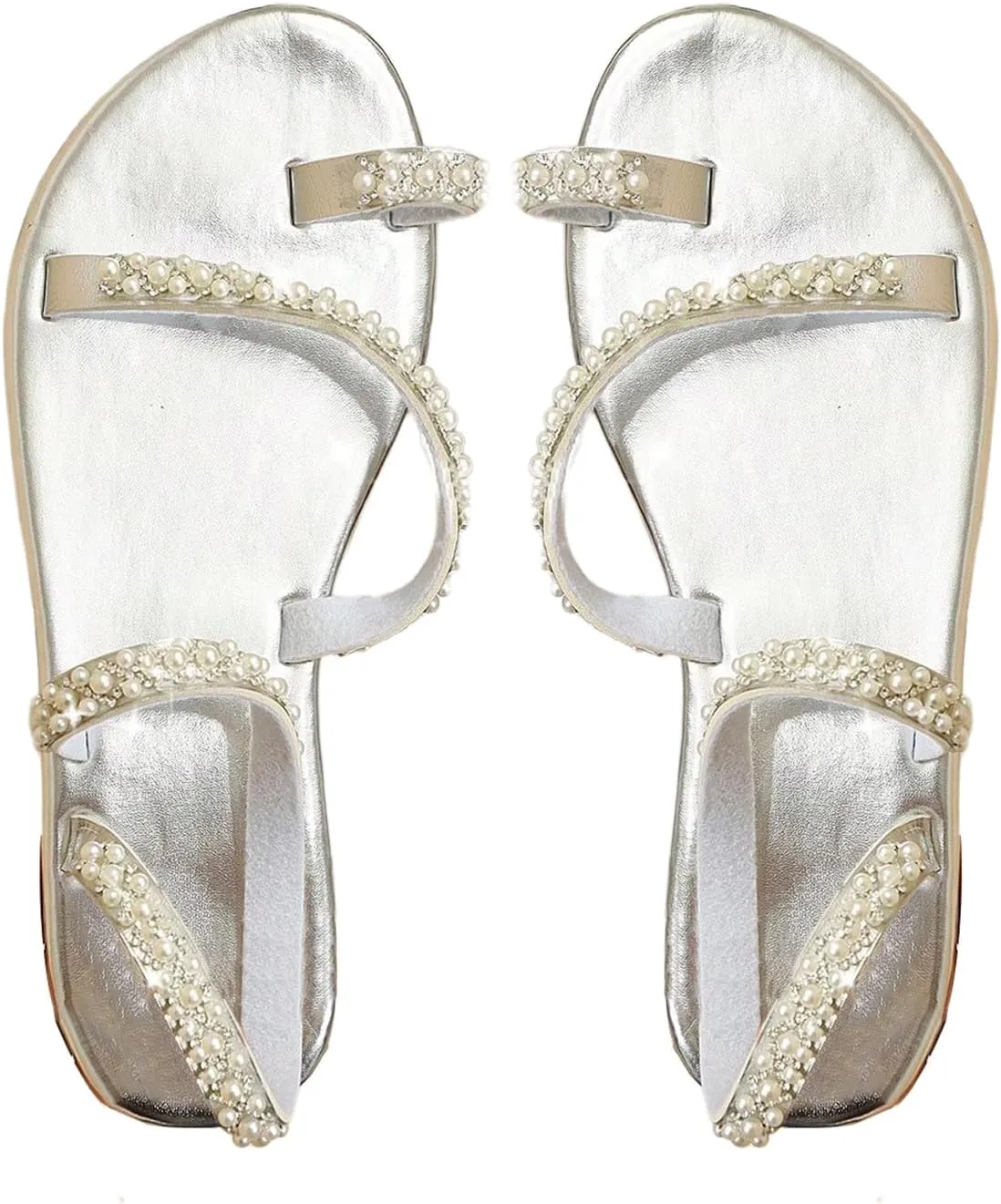 GORGLITTER Women's Pearl Strappy Flat Sandals Beaded Ankle Strap Toe Ring Summer Sandal