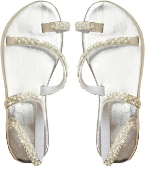 GORGLITTER Women's Pearl Strappy Flat Sandals Beaded Ankle Strap Toe Ring Summer Sandal