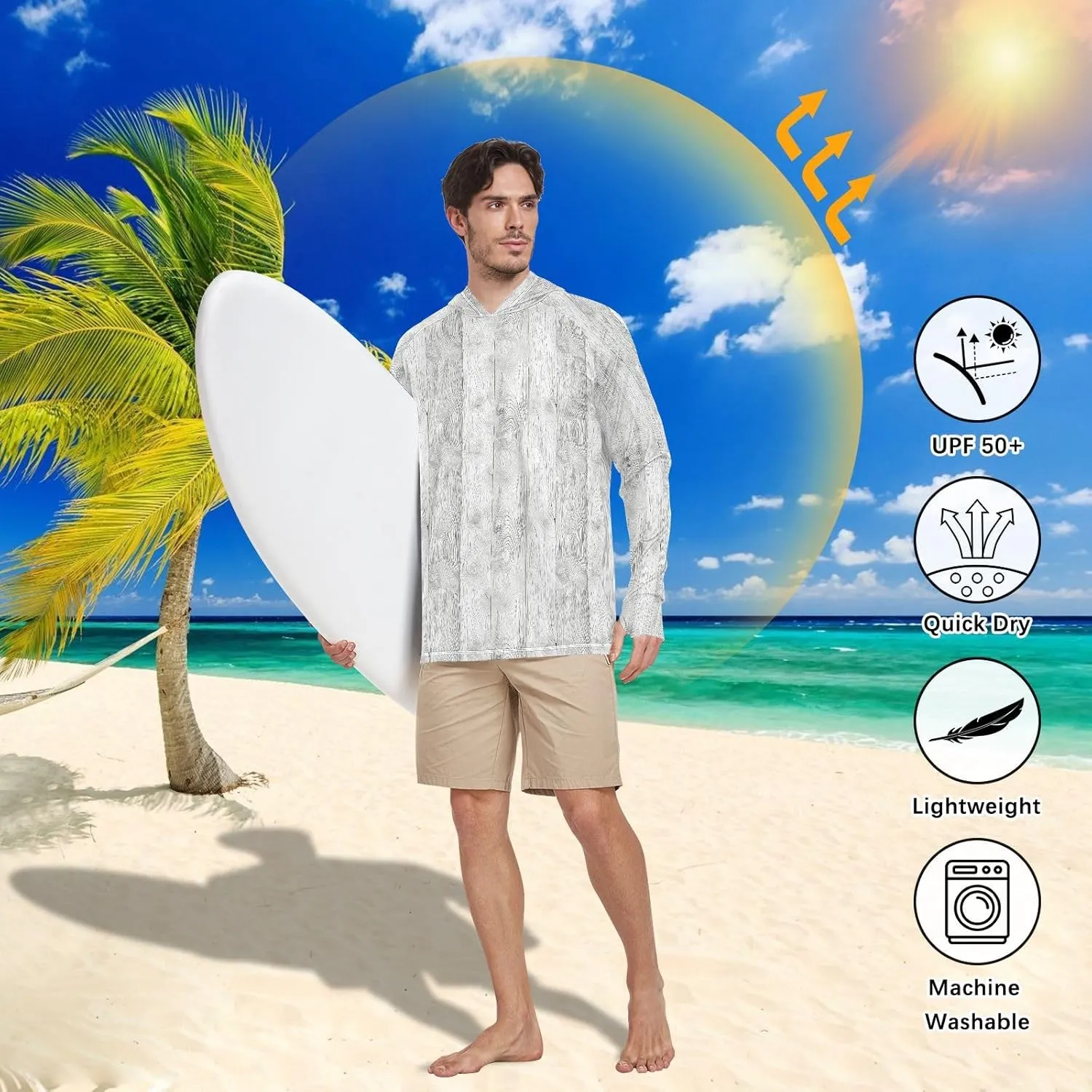 Grunge Wood Texture Men's Sun Protection Hoodie Long Sleeve UPF 50   Mens Sun Shirts Clothing Hood Shirts Men Rash Guards