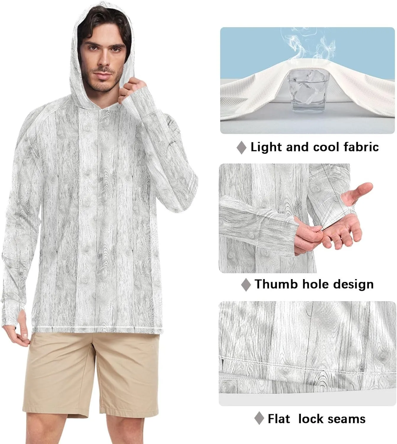 Grunge Wood Texture Men's Sun Protection Hoodie Long Sleeve UPF 50   Mens Sun Shirts Clothing Hood Shirts Men Rash Guards