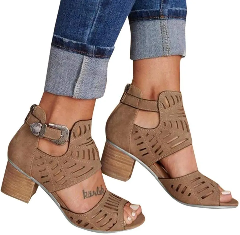 GUNIYIFS Womens Peep Toe Sandals High Heel Sandals Ankle Strap Sandals Hollow Out Chunky Low Heeled Cutout Stacked Heel Sandal