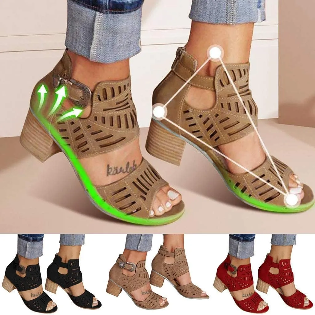 GUNIYIFS Womens Peep Toe Sandals High Heel Sandals Ankle Strap Sandals Hollow Out Chunky Low Heeled Cutout Stacked Heel Sandal