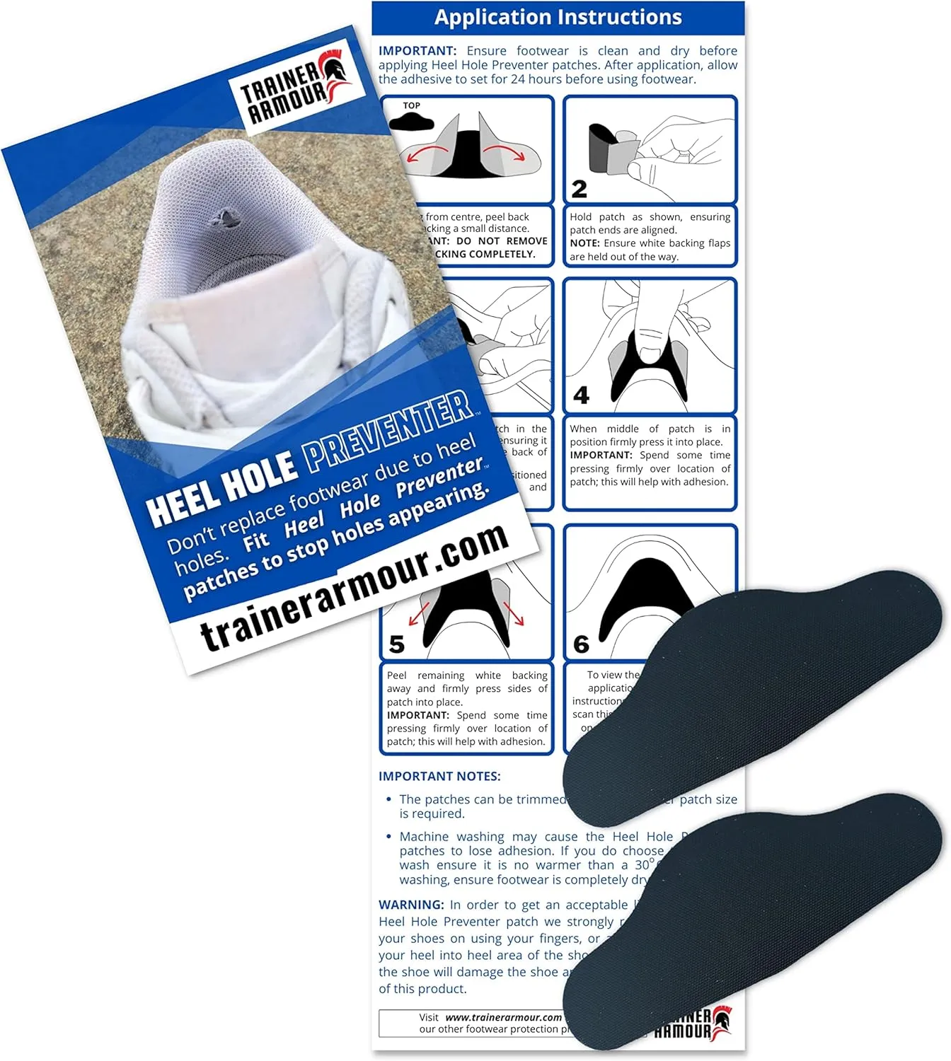 Heel Hole Preventer for Running Shoes, Sneakers, Shoes & Boots. ‘Wrap-Around’ Style self-Adhesive Black Patches. Extremely Strong Patches Prevent and Repair Heel Holes.