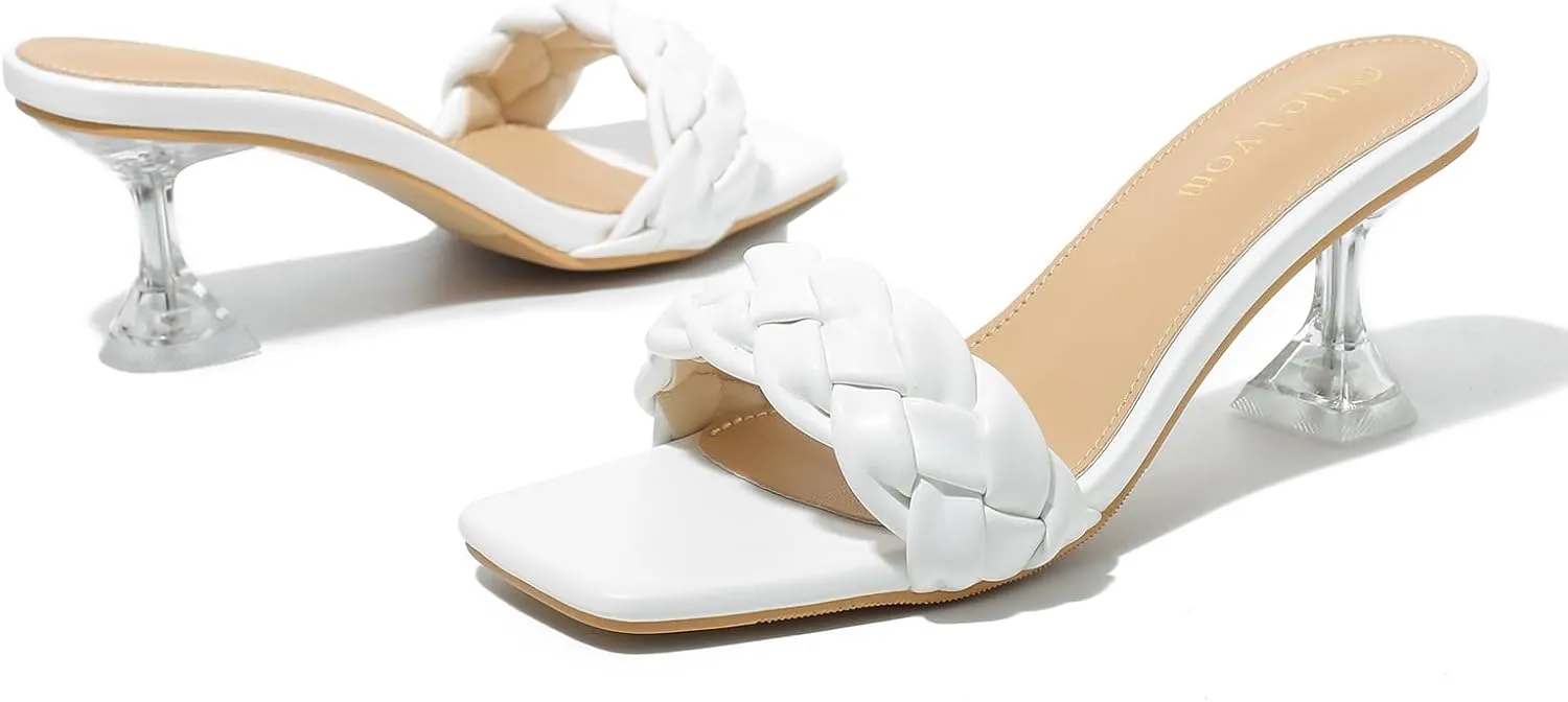 Heiyom Women's Square Toe Stilettos Heels Mules Sandals Sexy Braided Slip on Clear High Heels Party Prom Dress Shoes