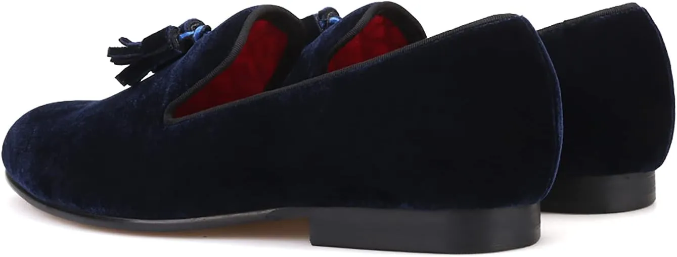 HI&HANN Tassel Men's Velvet Loafer Shoes Slip-on Loafer Round Toes Smoking Slipper