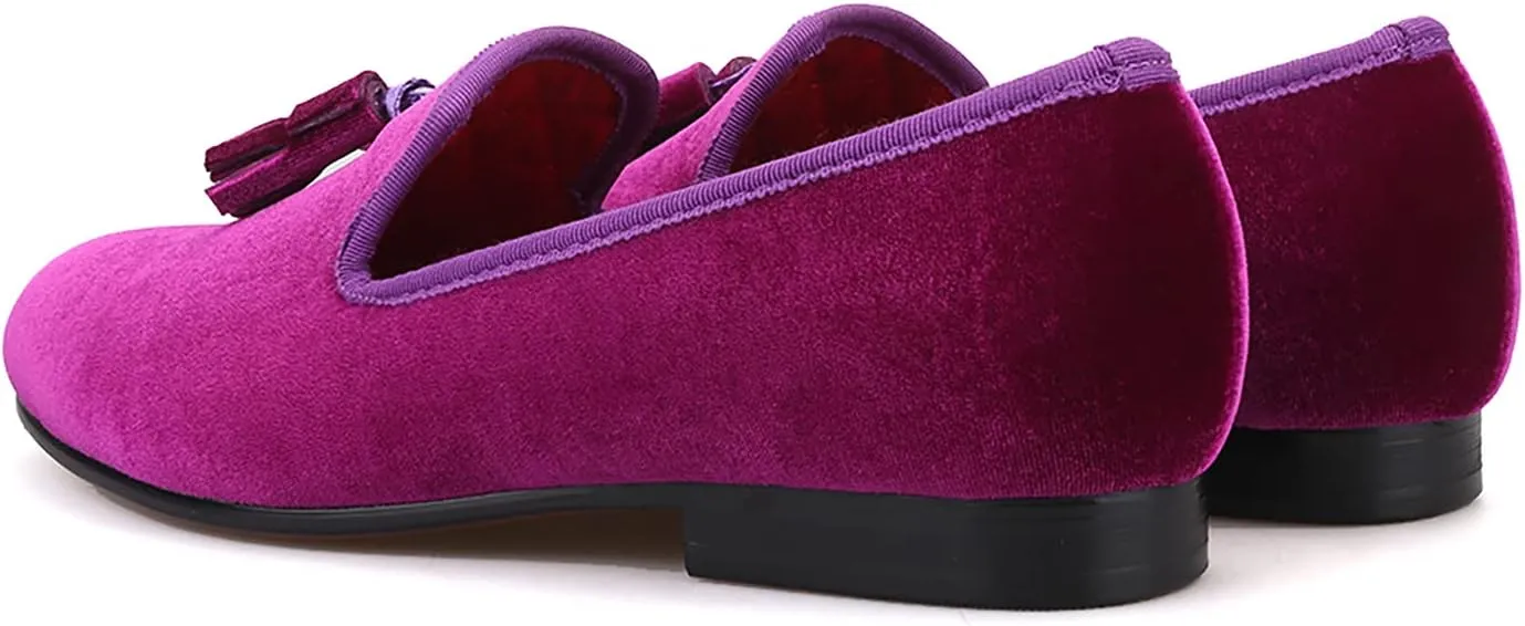 HI&HANN Tassel Men's Velvet Loafer Shoes Slip-on Loafer Round Toes Smoking Slipper
