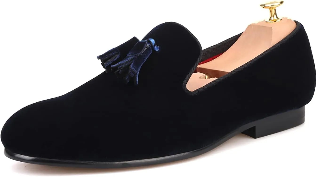 HI&HANN Tassel Men's Velvet Loafer Shoes Slip-on Loafer Round Toes Smoking Slipper